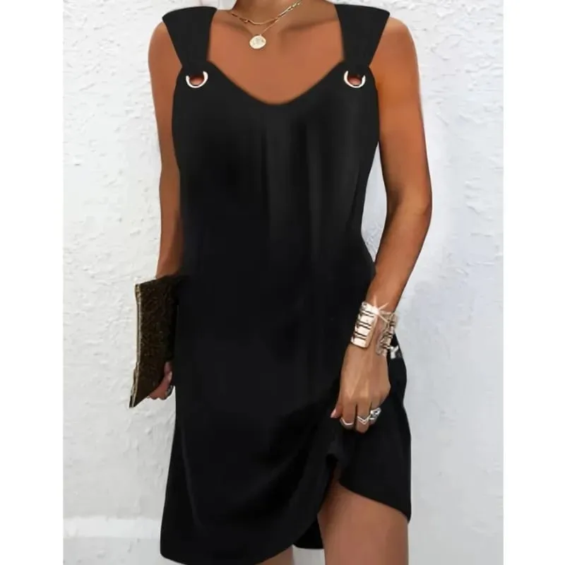 Women Summer Casual Dresses 2025 Elegant Simple Style Solid Color Metal Button V-neck Sleeveless Dress Female Sexy Midi Vestidos — image 5
