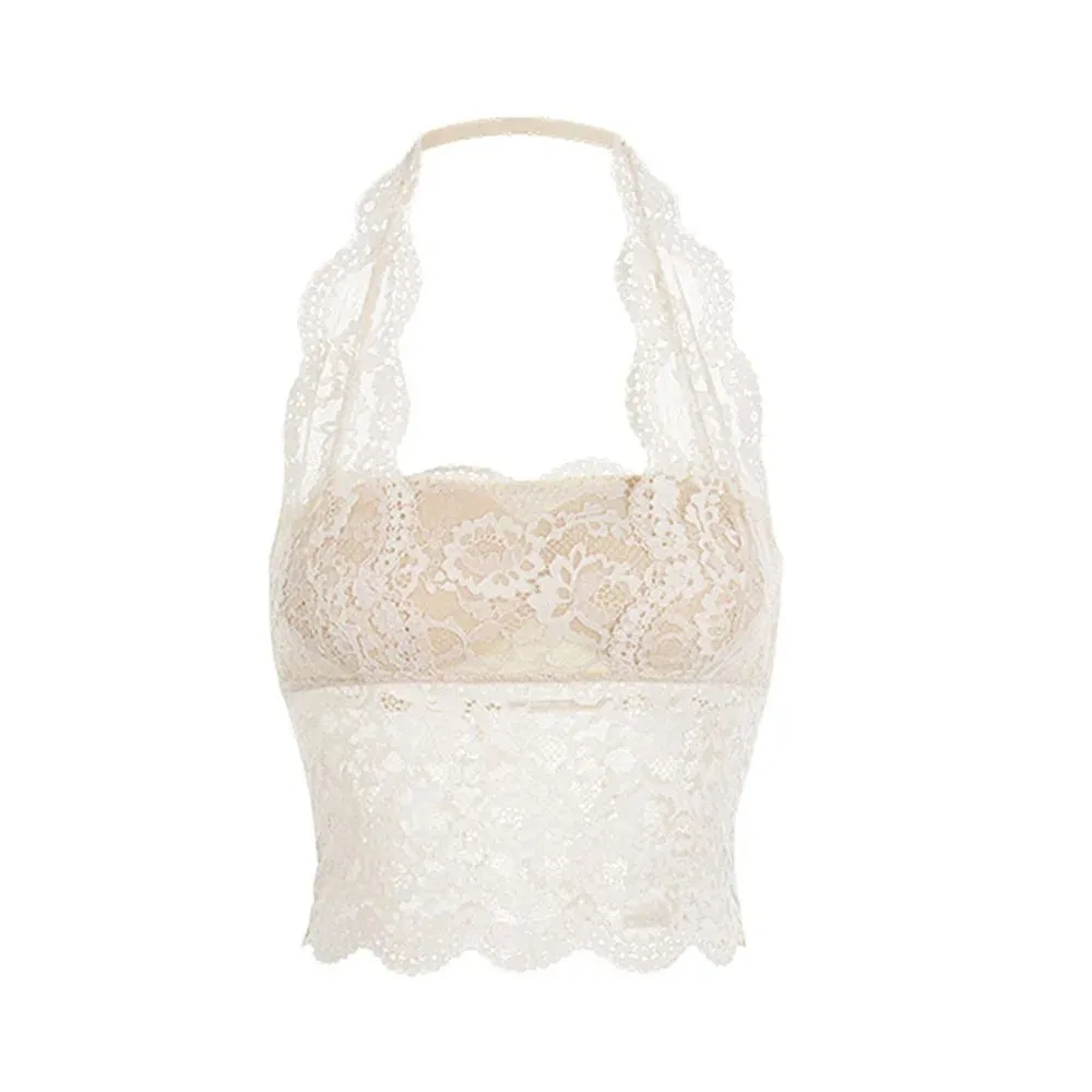 Chest Cushion Top Mesh Flower Lace Camisole Sleeveless Transparent Lace Crop Tops Bottoming Shirt Halter Neck Camisole Ladies — image 10