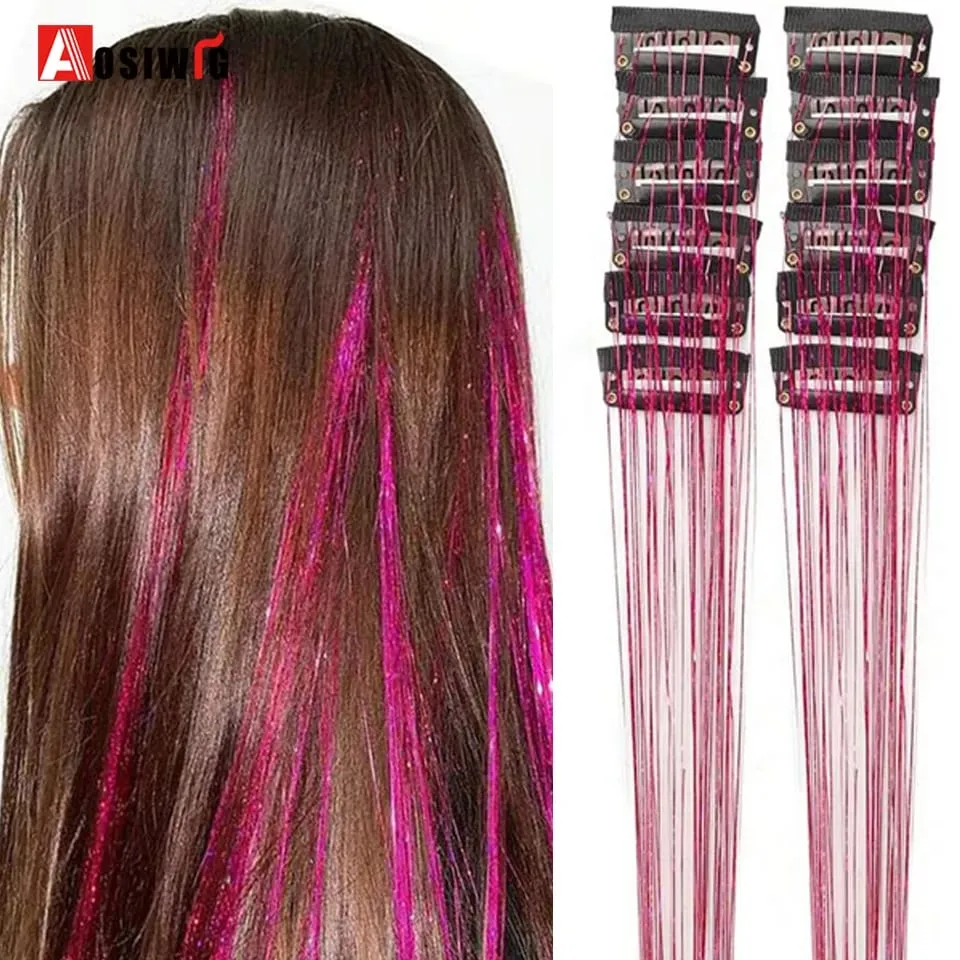 12 pièces/paquet Extensions de cheveux blonds scintillants pince en arc-en-ciel brillant étincelant guirlandes de cheveux résistant à la chaleur étincelle Extensions de cheveux pour W — image 11