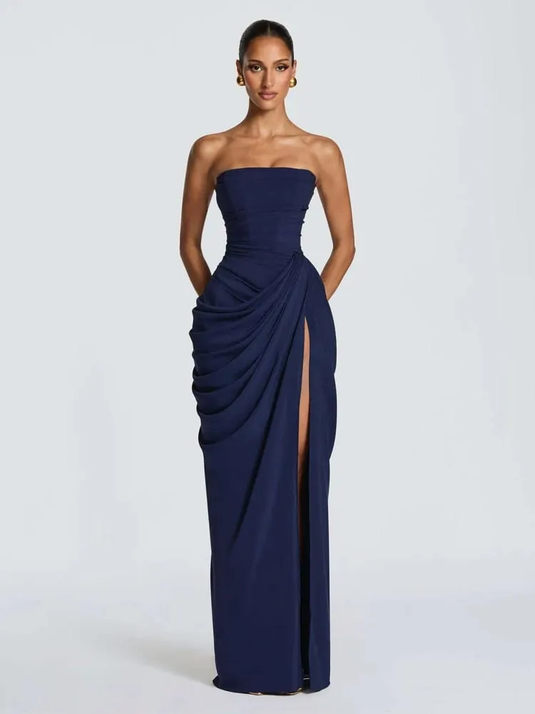 Elegantes, solides, plissiertes, trägerloses Maxikleid, gelb, schulterfrei, rückenfrei, hohe Taille, geteilte Robe, 2026, neues Damen-Abend-Partykleid — image 4