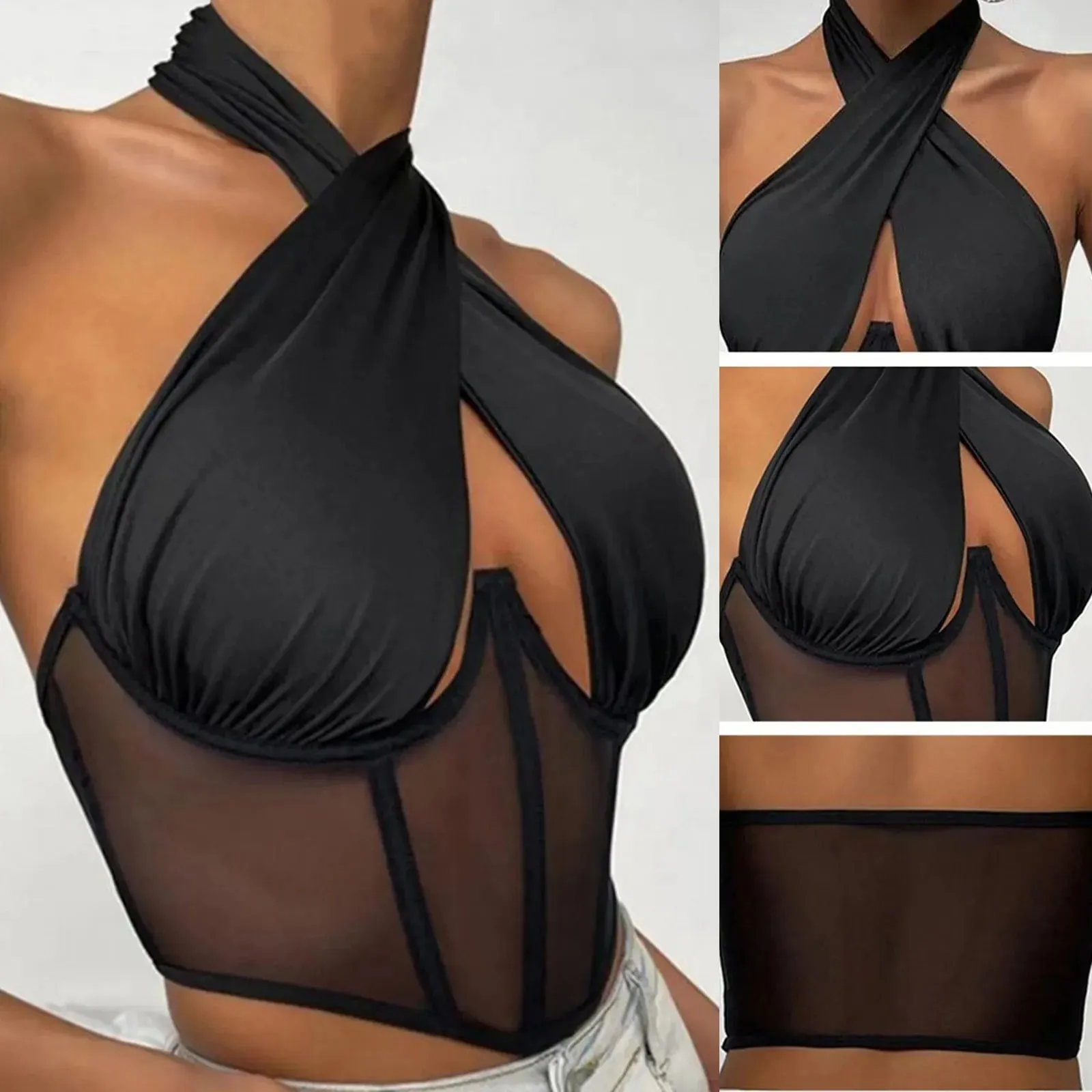 Frauen Ärmellose Fishbone Korsett Weste Solide Aushöhlen Cropped Top Sommer Halter-Backless Sexy Tops Y2k Camis Ropa De Mujer — image 5