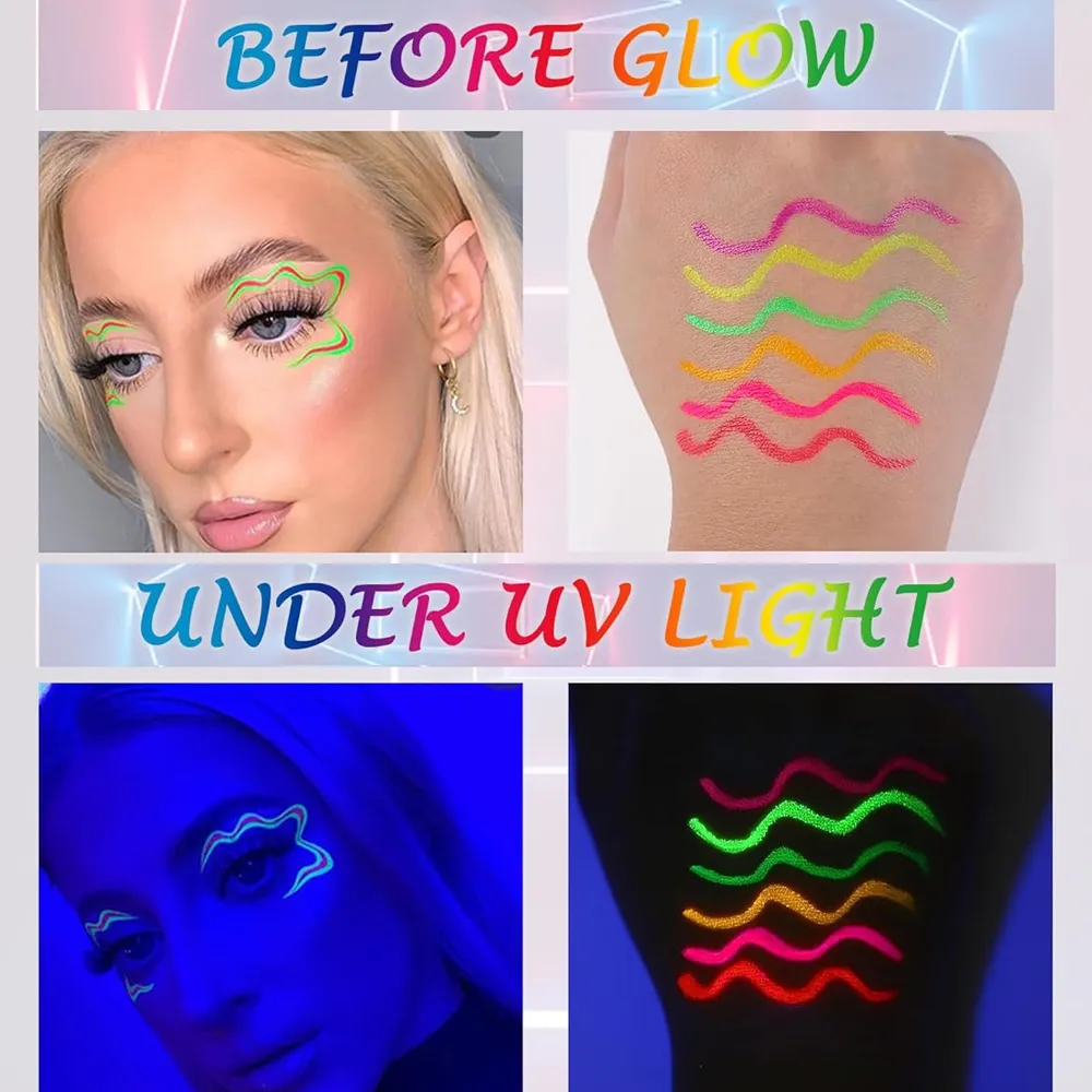 6 ชิ้นนีออนเรืองแสง UV Glow อายไลเนอร์กันน้ำ Long Lasting สีสัน Liquid Eye Liner Rave Party แต่งหน้าฮาโลวีนเครื่องมือ — image 2