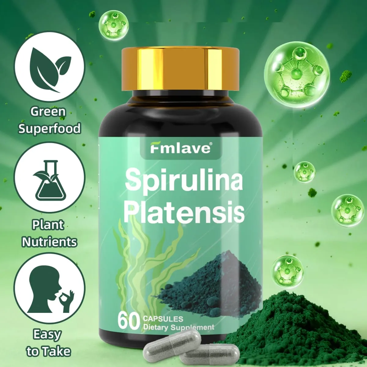 Fmlave Supplements Spirulina Orgânica - Suplemento de superalimento de algas verdes azuis rico em proteínas para energia e suporte imunológico 60 cápsulas vegetarianas — image 2