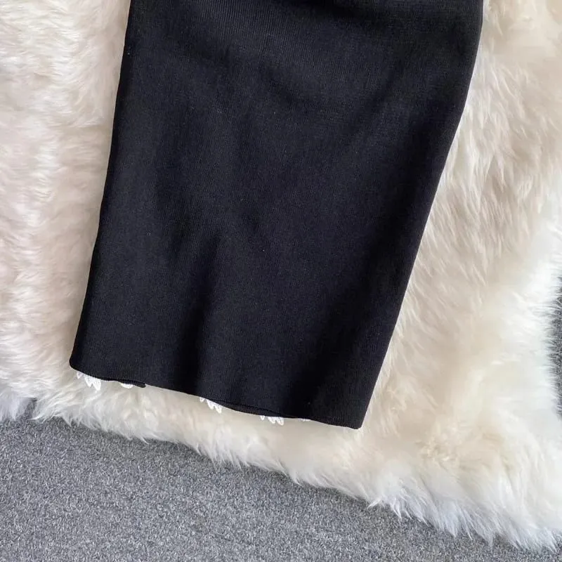 2024 Sexy Backless Spitze Patchwork Gestrickte Split Sommer Kleid Frauen Schwarz Mini Party Kleid Bodycon Mantel nacht Club Outfits