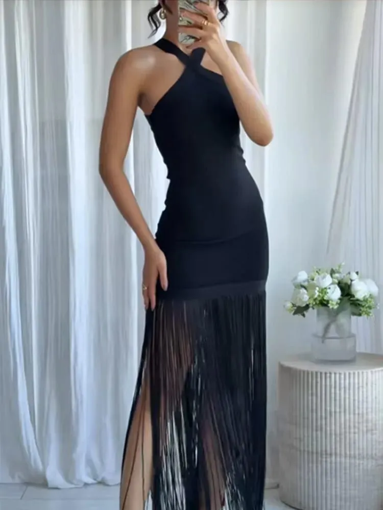 Women Tassel Patchwork Halter Maxi Dress Chic Solid Sleeveless Off-shoulder Slim Slit Dresses Fashion Lady Vacation Party Gowns — image 2