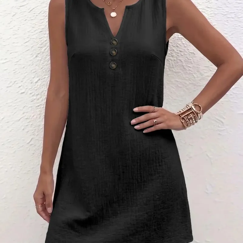 Plus Size Casualowa sukienka bez rękawów z guzikami, zapewniająca swobodny styl i wygodę