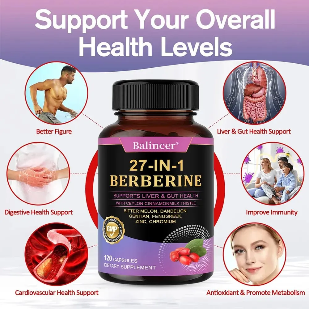 Capsule di berberina 27-IN-1 - Contiene cardo mariano alla cannella di Ceylon - Supporta la salute del cuore, il sistema immunitario, il fegato e la salute dell'intestino — image 2