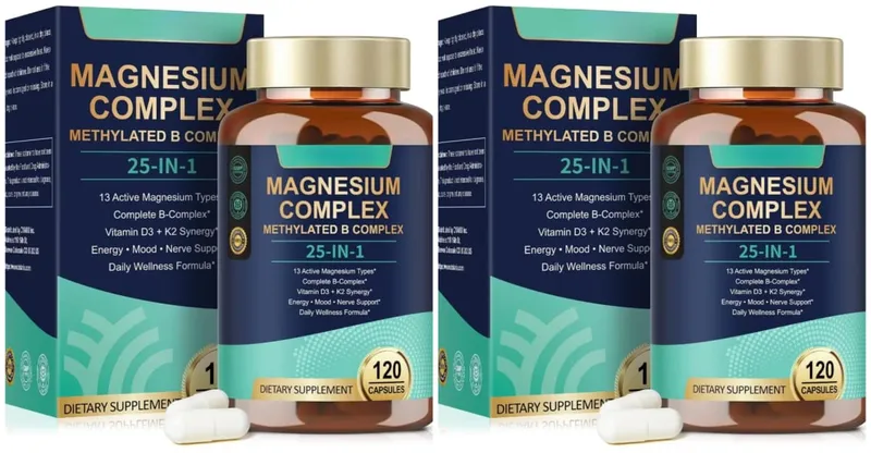 25-in-1-Magnesiumkomplex mit Glycinat, Citrat, Malat, Vitamin D3, K2, B12, Methylfolat zur Entspannung, Energie, Nerven, 120 Kapseln — image 8