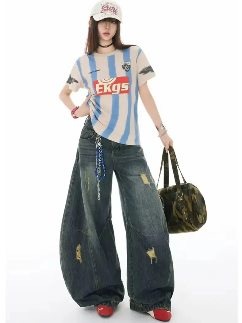 Seluar Jeans Kaki Melengkung Gaya Retro Uniseks Santai Sesuai Perca Tampalan Lembut Tahan Lama Wanita Lelaki Serbaguna Dicuci Seluar Lebar Kaki — image 5