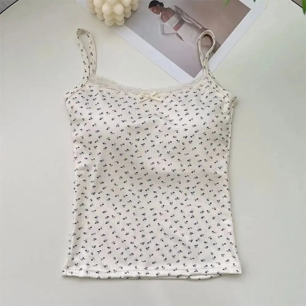 Sweet Floral Tops Lace Flower Print Camis Elegant Y2K Short Tank Tops Slim One Size Sexy Vest Lady — image 10