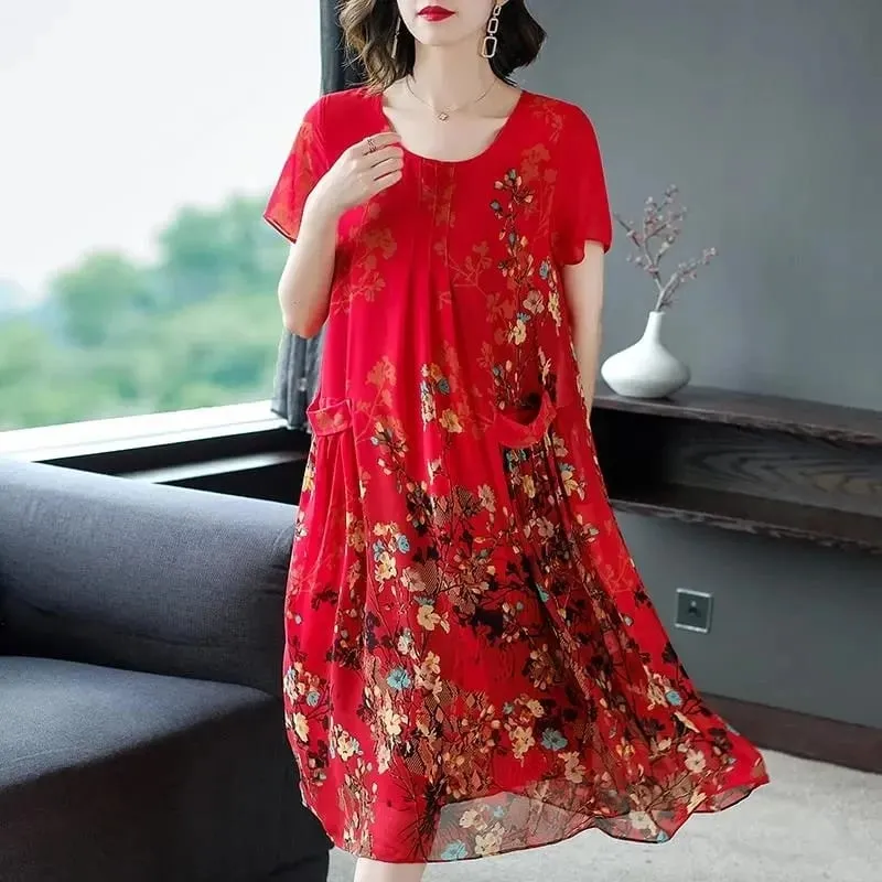 Mutter Kleidung Sommer Chiffon Kleider Oansatz Mid-Lange Gedruckt A-linie Kleid Große Größe Kurzarm Mittleren Alters frauen Vestidos — image 7