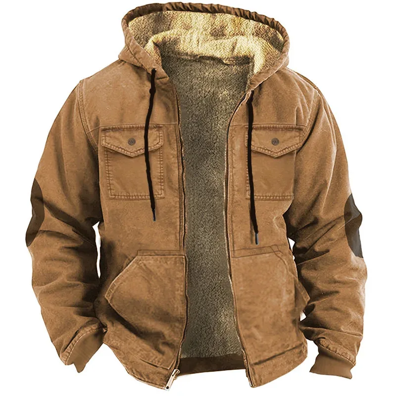 Men's Winter Fleece Hoodies Solid Patchwork Fashion Hooded Windbreaker Jacket Male Loose Work Wear Clothes Sweatshirt Outwear — image 15