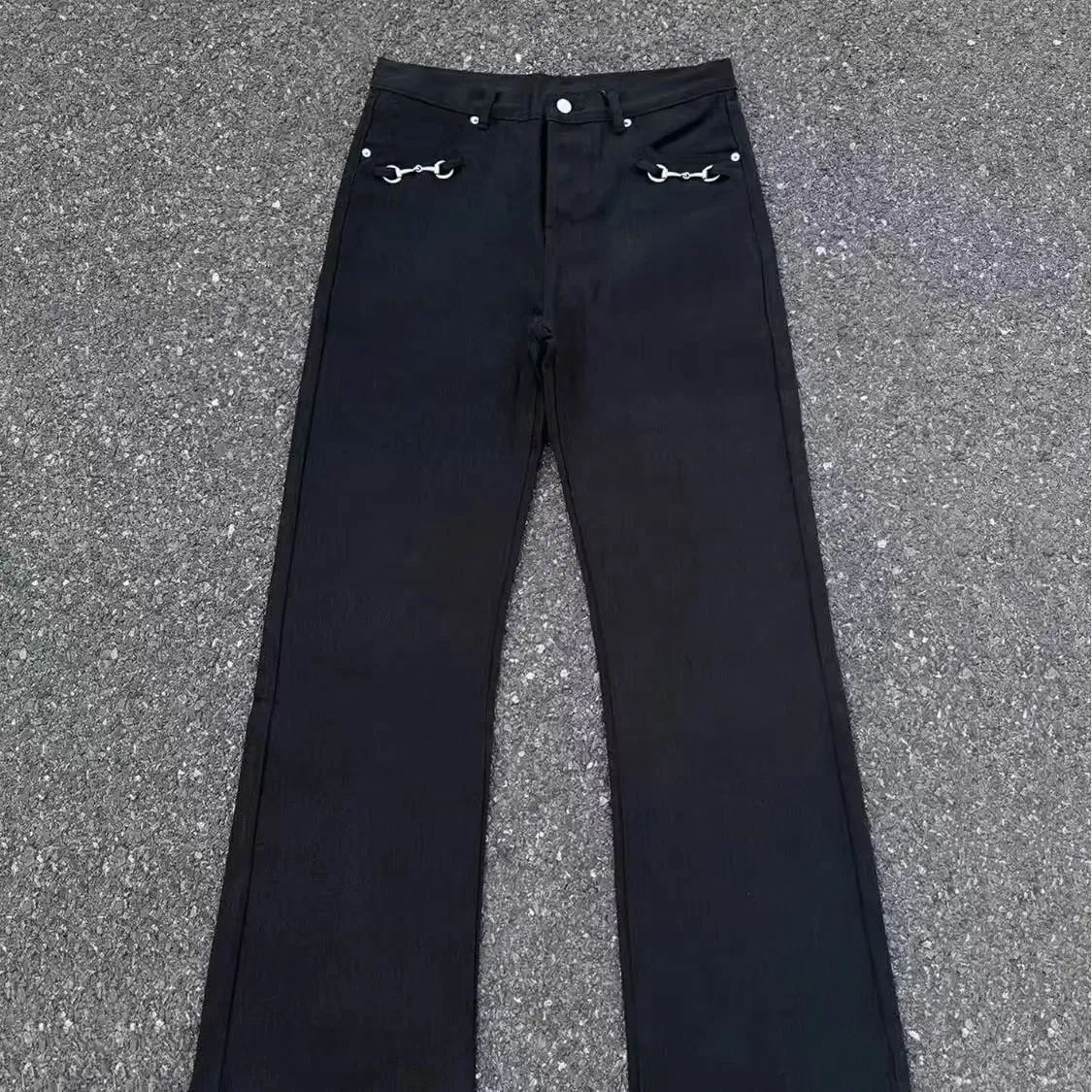 Reka bentuk butang retro gaya Amerika seluar jeans basuh musim bunga dan musim luruh pinggang tinggi longgar seluar jeans kaki lebar jalan tinggi untuk lelaki dan wanita — image 3