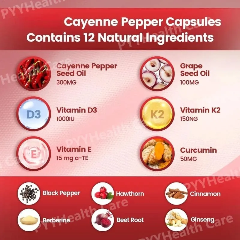 Softgels Lada Cayenne dengan Vitamin Kunyit Bit Biji Anggur D3 K2 E Suplemen Herba — image 2