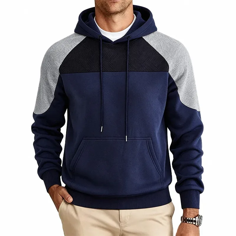 Men Patchwork Color Block Pullover Hoodie Drawstring Kangaroo Pocket Long Sleeve Loose Sweatshirt Autumn Winter Streetwear Tops — image 30