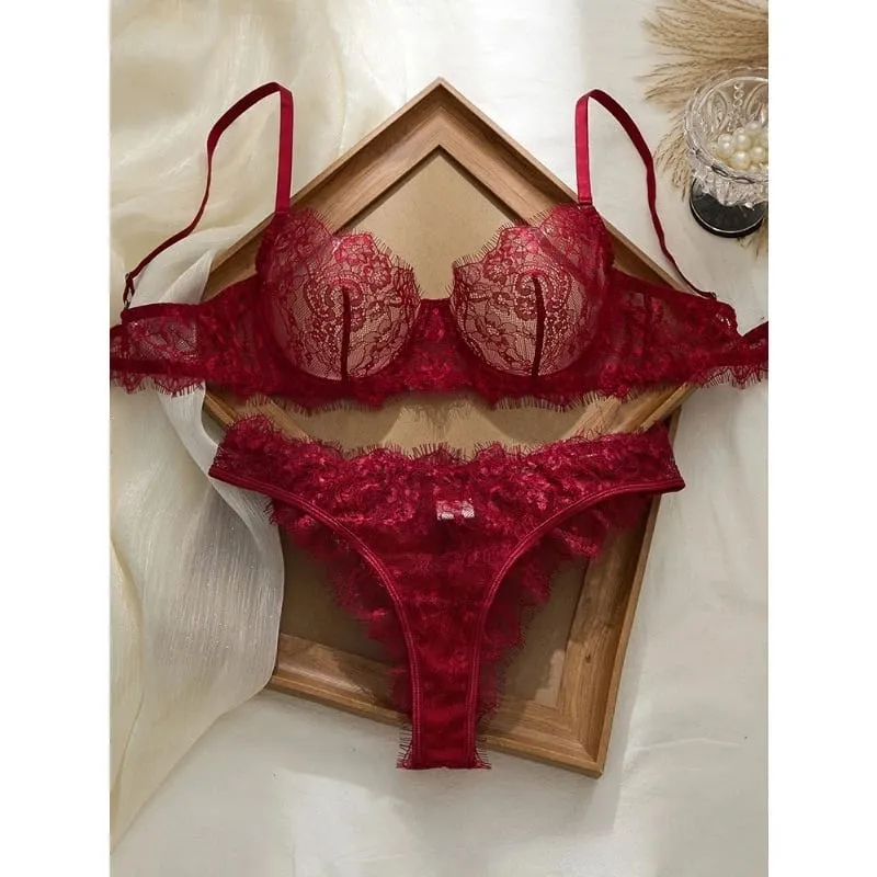 Set reggiseno e mutandine in pizzo sottile stile basic da donna Biancheria intima con occhielli a strato singolo senza cuciture Abbigliamento intimo confortevole