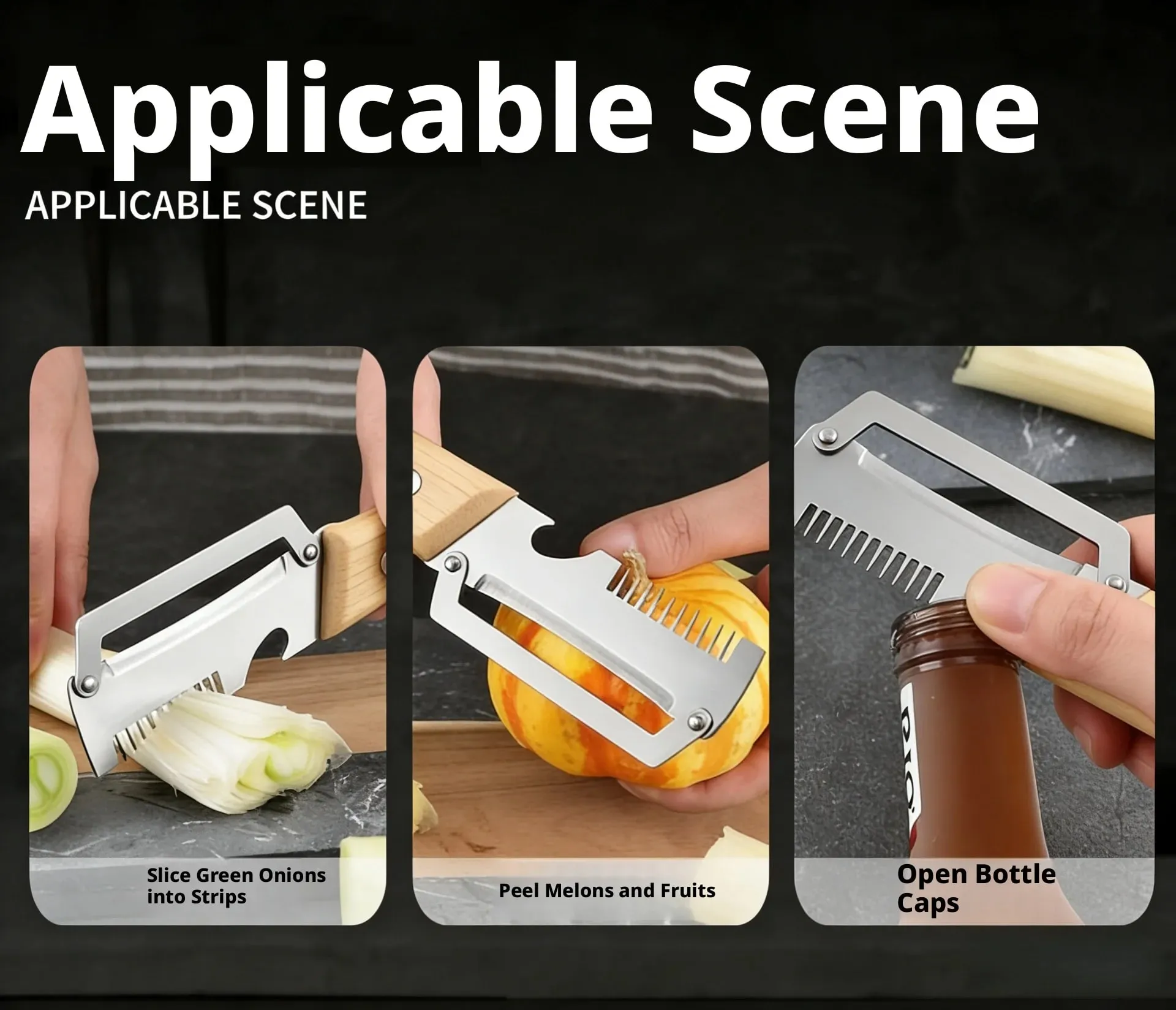 Stainless Steel Vegetable Peeler with Wooden Handle 3-in-1 Fruit Potato Peeler with Bottle Opener Kitchen Peeling Cooking Tools