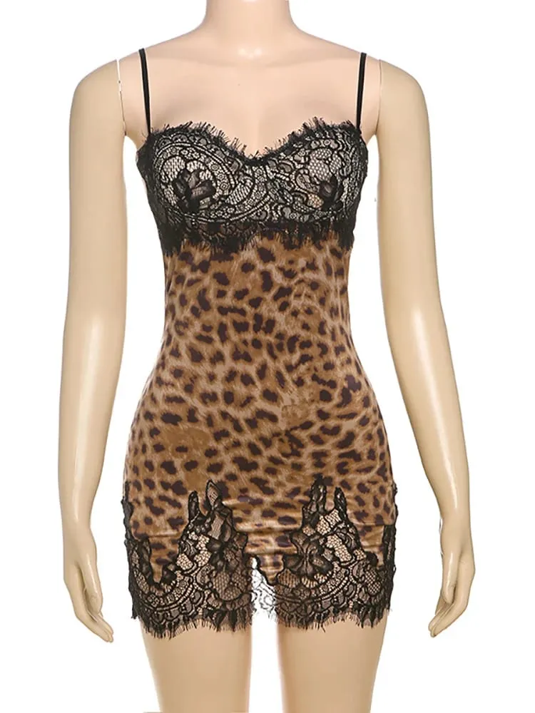 MO patchworkowy nadruk lamparta koronkowa damska Mini sukienka Spaghetti pasek sukienka z wysokim stanem letnia wąska elegancka sukienka klubowa — image 6
