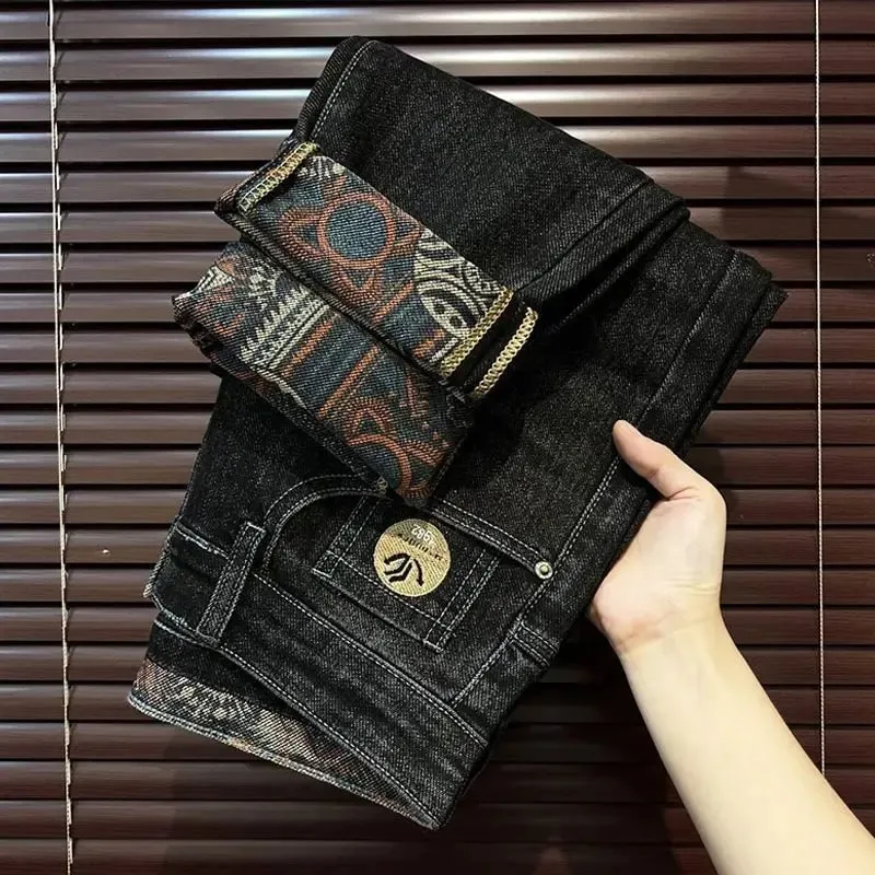 Men's Pants Spring and Summer Embroidery Printing Luxury Elastic Slim Straight Pants Trendy Pants Black Men's Jeans for Men — image 2