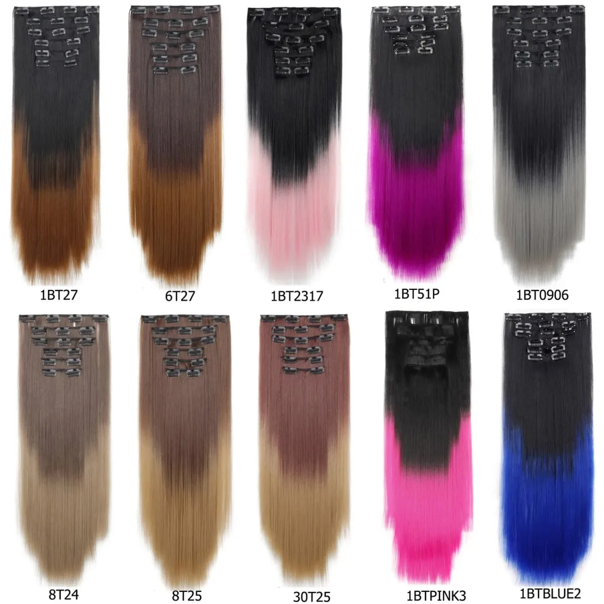 6 pezzi set clip nelle estensioni dei capelli 24 pollici lungo rettilineo testa piena capelli sintetici ombre sfumatura di colore uso quotidiano per le donne signore — image 4