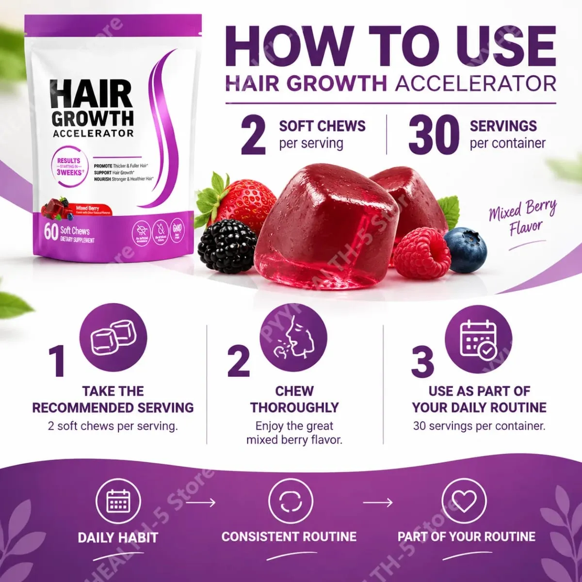 Biotine – supplément à mâcher doux pour la croissance des cheveux, soutient des cheveux plus épais, vitamine C et E pour une alimentation saine des cheveux, 60 gommes — image 6