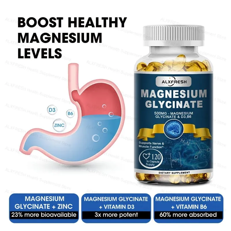 Originální doplněk Magnesium Glycinate 500 mg – vysoká absorpce pro spánkové svaly a klidnou podporu – D3 B6 Zinek