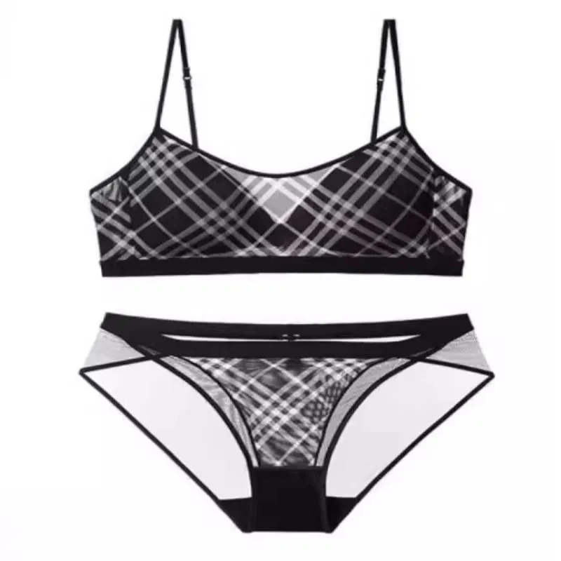 Dámské americké retro kostkované intimky set tenká push up podprsenka proti ochabování podpaží podpora tuku pohodlí každodenní nošení — image 6
