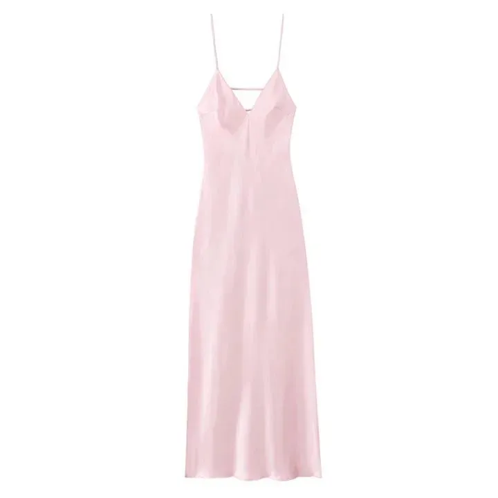 Abito lungo da donna in raso solido con fionda Abito lungo senza maniche con scollo a V senza schienale casual Abiti a pieghe 2026 Abiti da sera per le vacanze estive — image 9