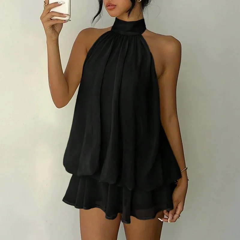 Abito allacciato in tinta unita stile francese Abito da donna senza maniche con spalle scoperte Mini abito a linea Spicy Girl Beach Vacation — image 8