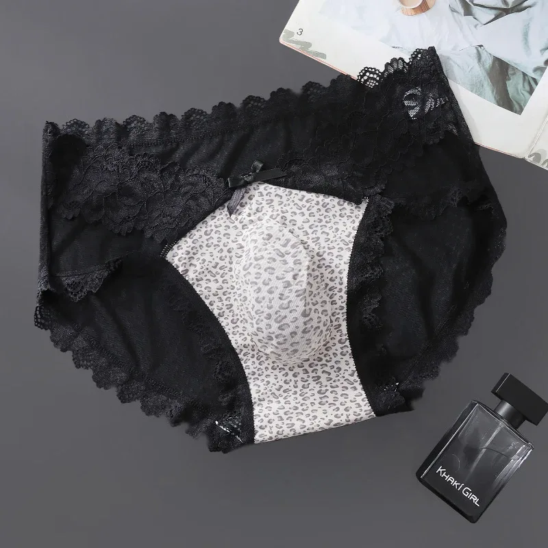 Slip da uomo Forcella alta Bordo in pizzo Biancheria intima stampata leopardata Seta ghiacciata Mutandine ad asciugatura rapida Lingerie Sissy Mutande trasparenti