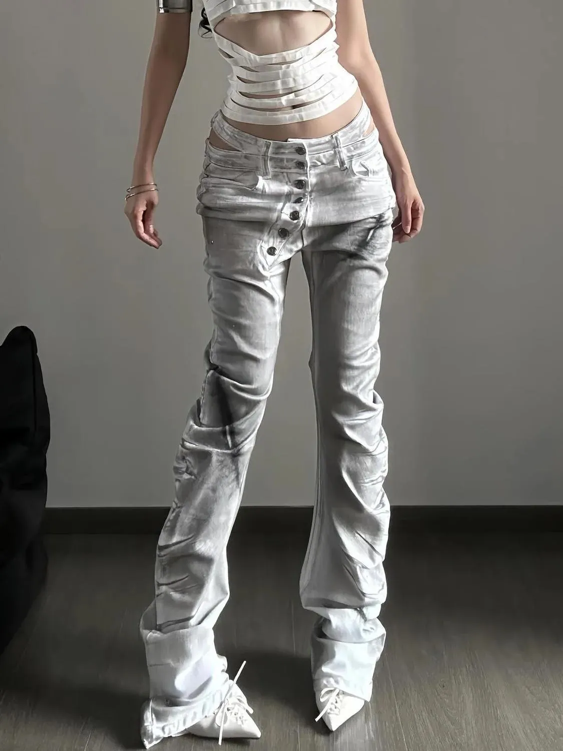 Jean évasé rétro américain Y2K pour femmes, pantalon en Denim blanc délavé, Patchwork, Vintage Hrajuku Punk, taille haute, Slim, Streetwear — image 7