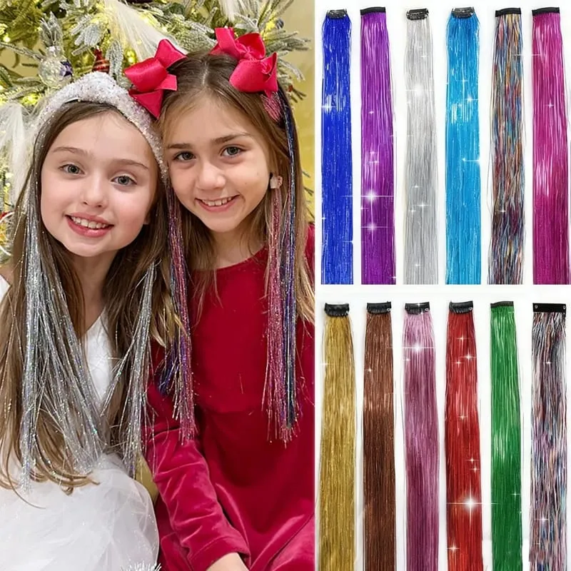 2 ชิ้นผมสังเคราะห์ Tinsel คลิปในส่วนขยายสี Sparkle ผม Tinsel ชุด BB คลิปสำหรับเด็กสาวคริสต์มาสปาร์ตี้ใช้ — image 2