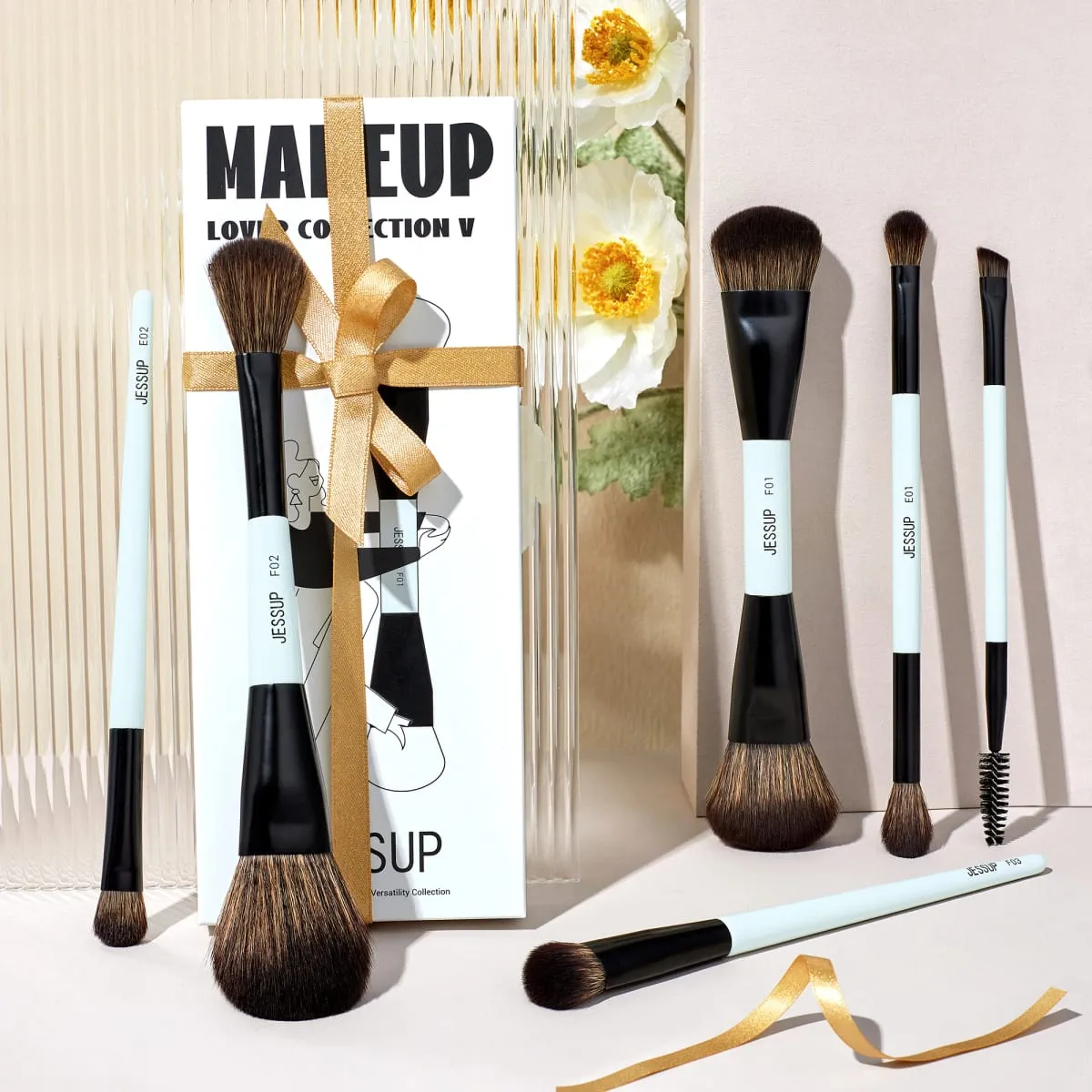 Jessup Make-up Kwasten Set Dubbelzijdig Make-up Kwasten Foundation Contour Blush Blending Wenkbrauw Schaduw Vezel Helder Cyaan T501