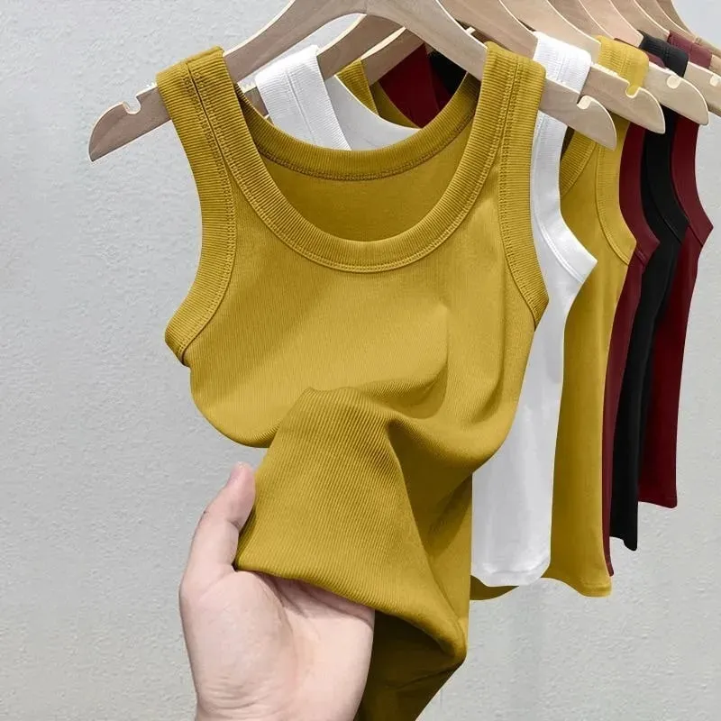 Nữ Chắc Chắn Cổ Tròn RibbedTop Yếm Mùa Hè Cơ Bản Co Giãn Spaghetti Dây Top Nhẹ Thoáng Mát Đế Áo Vest Không Tay — image 4