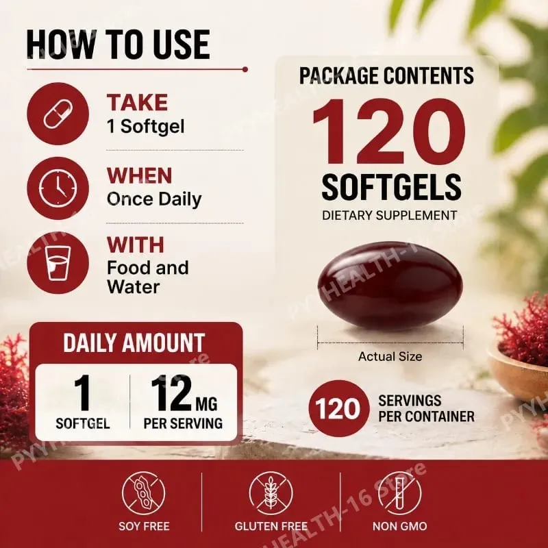 Astaxanthine Softgels 12 mg van microalgen Drievoudige sterkte antioxidant Ondersteuning voor huidveroudering Ooggezondheid 120 Softgels — image 4