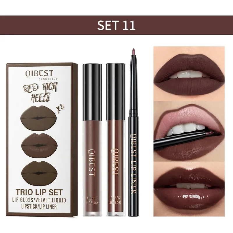 3pcs LIPS แต่งหน้าชุดรวม Lip Glaze Lip Mud และ Lip Liner ยาวนาน Nude สีแดงสีดำสีน้ำตาล Lip GLOSS Tint เครื่องสำอาง