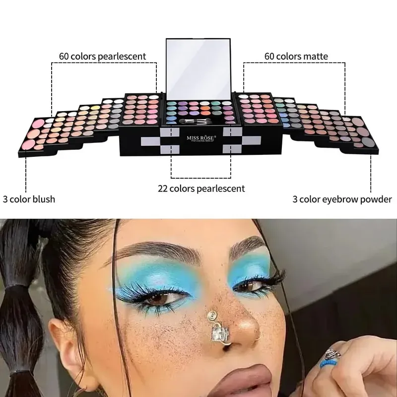 Set Kes Solekan Miss Rose Kit-Kombinasi Warna Muktamad-Set Hadiah Percutian Pembayang Mata Kosmetik Lip Gloss Blush Brow Palet Kombo