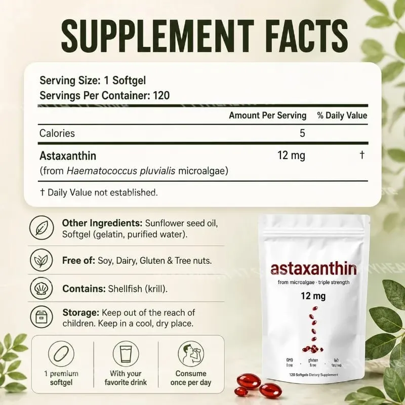 Ασταξανθίνη 12 mg ζελατίνης Softgels From Microalgae Αντιοξειδωτική Υποστήριξη Χωρίς ΓΤΟ χωρίς γλουτένη Εύκολο στην κατάποση 120 softgels — image 2