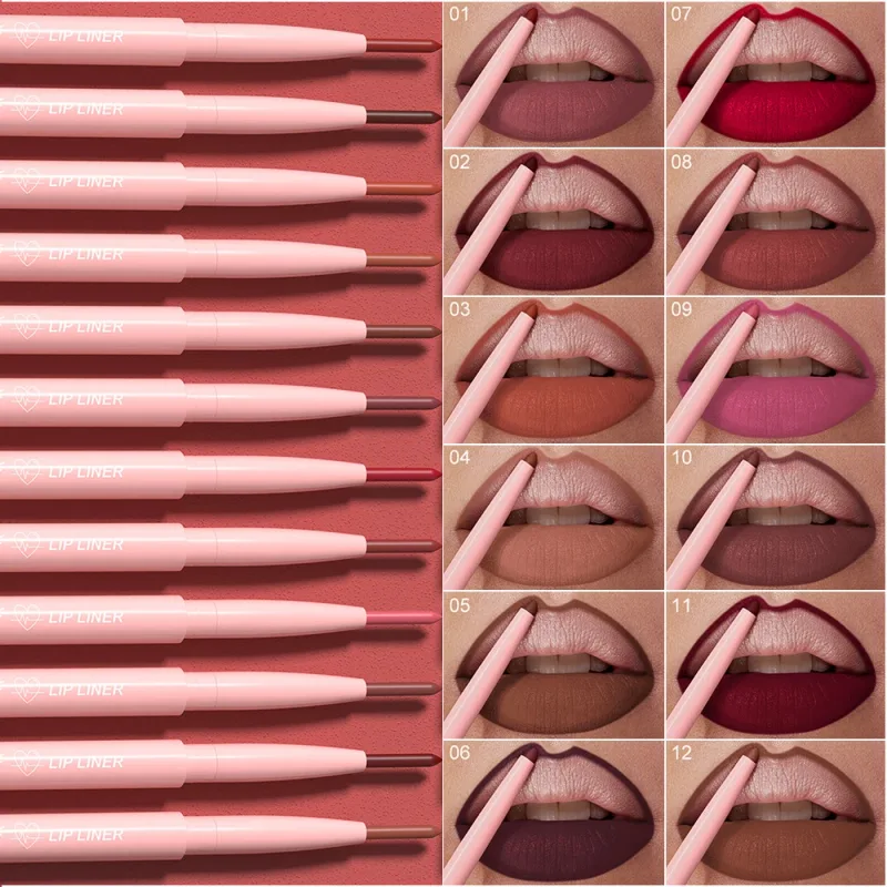 12 สี Matte สีแดงสีน้ำตาล Lipliner ดินสอกันน้ำ Non-stick Cup Slim ลิปสติก Make Up Nude Pink Lip Liner เค้าร่าง Lip Contour — image 5