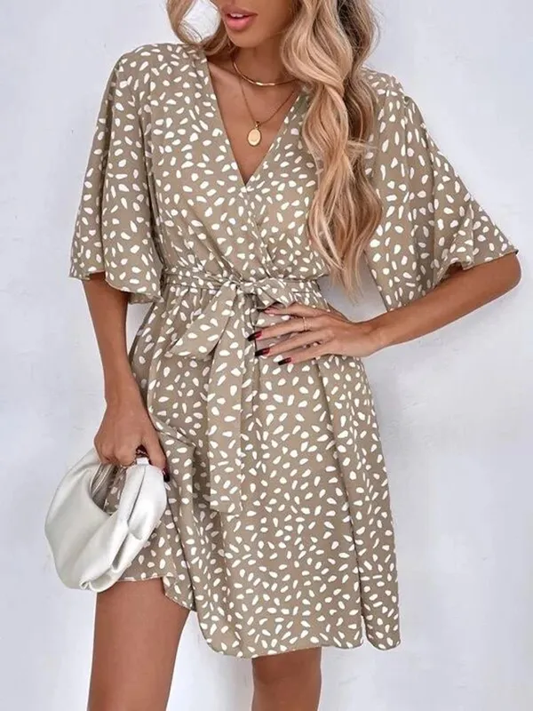 Casual Dot Print Mini Dress with Belt Elegant Chic Half Sleeve V Neck A Line Sundress Vintage Harajuku Short Dress Beach Party — image 8