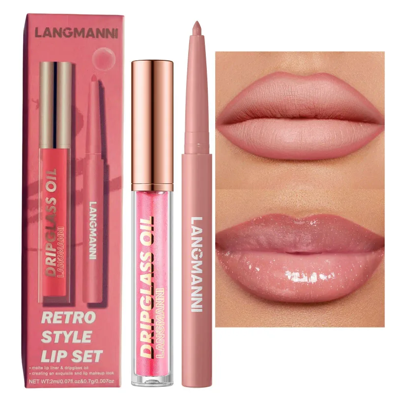 2pcs/box Matte Velvet Lipliner&Mirror Glass Lip Gloss Waterproof Long-Lasting Non-Sticky Purple Brown Liner Lip Combo Makeup Set