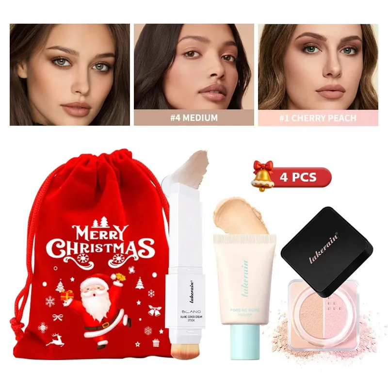 4 stk Ansigtsmakeup Sæt Foundation Stick Pore No More Primer Loose Setting Powder Langtidsholdbar mat Begynder Makeup Julegave — image 9