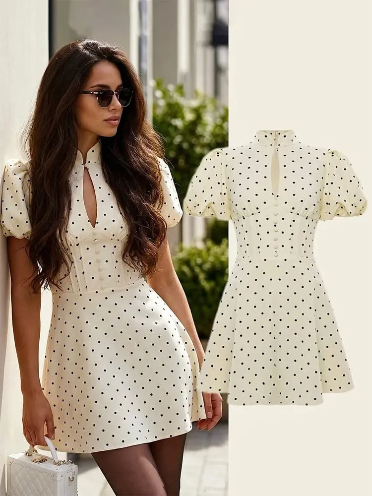 Retro Polka Dot Mini A-Linie Kleid Elegante Stehkragen Puff Kurzarm Taille-betonte Kleider 2026 Neue Dame Party kleider — image 1