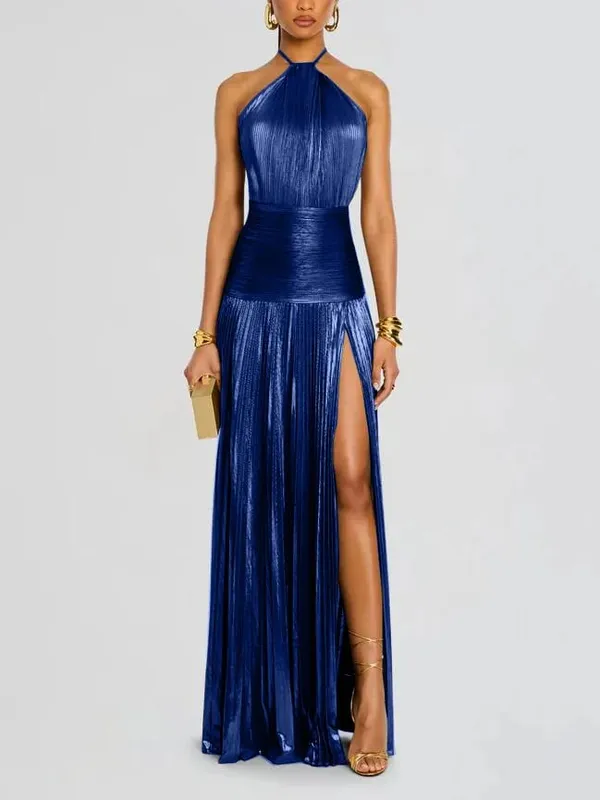 Gold Halter Neck Evening Dress Woman Chic Solid Color Pleated Backless Package Hip Slit Dress Fashion Trendy Lady Party Vestidos — image 7