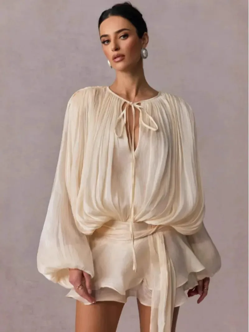 Beżowy top solidna bluzka Mini sukienki dla kobiet dekolt w serek z długim rękawem łączone zasznurować słodka sukienka w stylu odzież damska moda P7WI — image 6