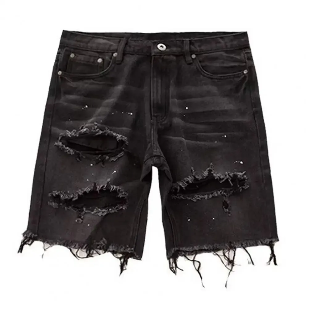 Pantaloncini estivi da uomo in denim effetto invecchiato con bottoni con cerniera e tasche multiple Jeans corti vestibilità dritta con fori strappati lunghezza al ginocchio invecchiato — image 4