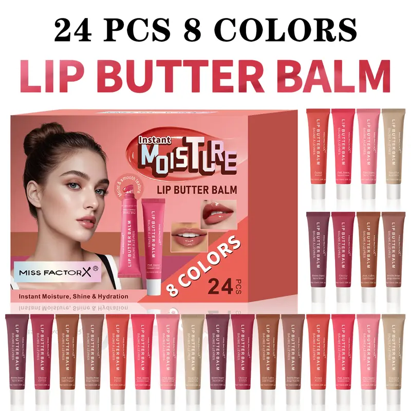 24Pcs 8 Colors Hydrating Butter Lip Gloss Gift Set Moisturizing Glossy Finish For Daily Makeup & Holiday Gifting