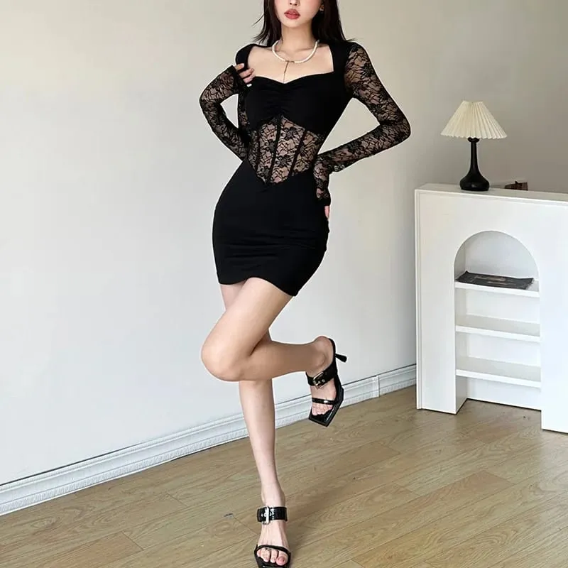 Nibber Hitam Misteri Jahitan Renda Seksi Tulang Ikan Matang Cantik Manis Lembut Wanita Musim Sejuk Lengan Panjang Pinggul Pakaian Pendek — image 5