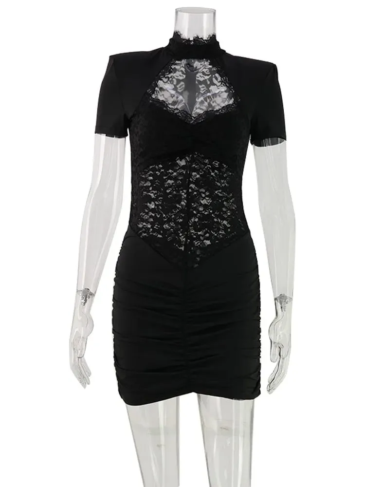 Lace Patchwork Hollow Out Women Dresses Short Sleeve Hip Wrap Sheath Trendy Hot Girl Sexy Club Outfits Female Bodycon