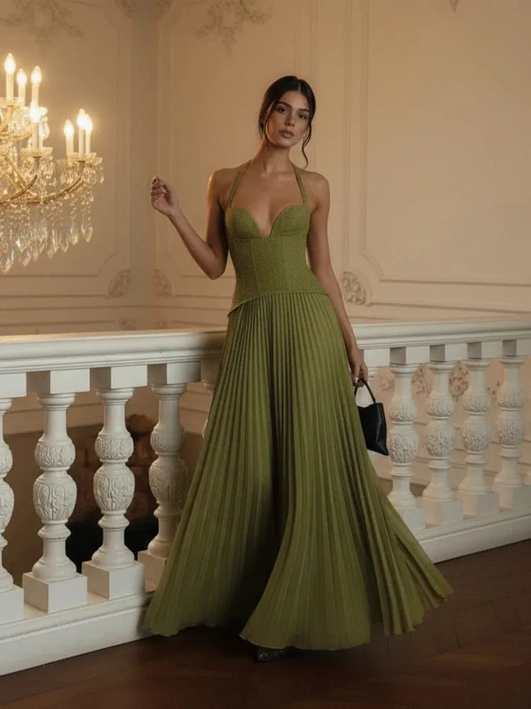 Verde Chic Corsetto Halter Abito lungo Donna Solid Backless Off Spalla Pieghettato Patchwork Abiti slim 2026 Abito da donna Nuovo — image 3